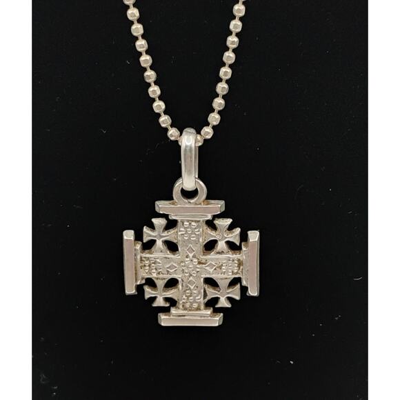 Sterling Silver Jerusalem Cross on 18-in Square Bead Chain - Picture 1 of 5
